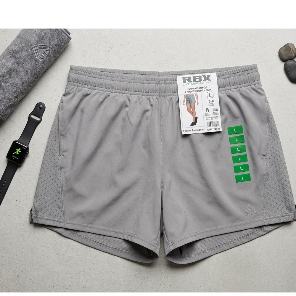 RBX Women Grey Sky 2-in-1 Running Shorts Lazer Cut Compression Liner Large NEW